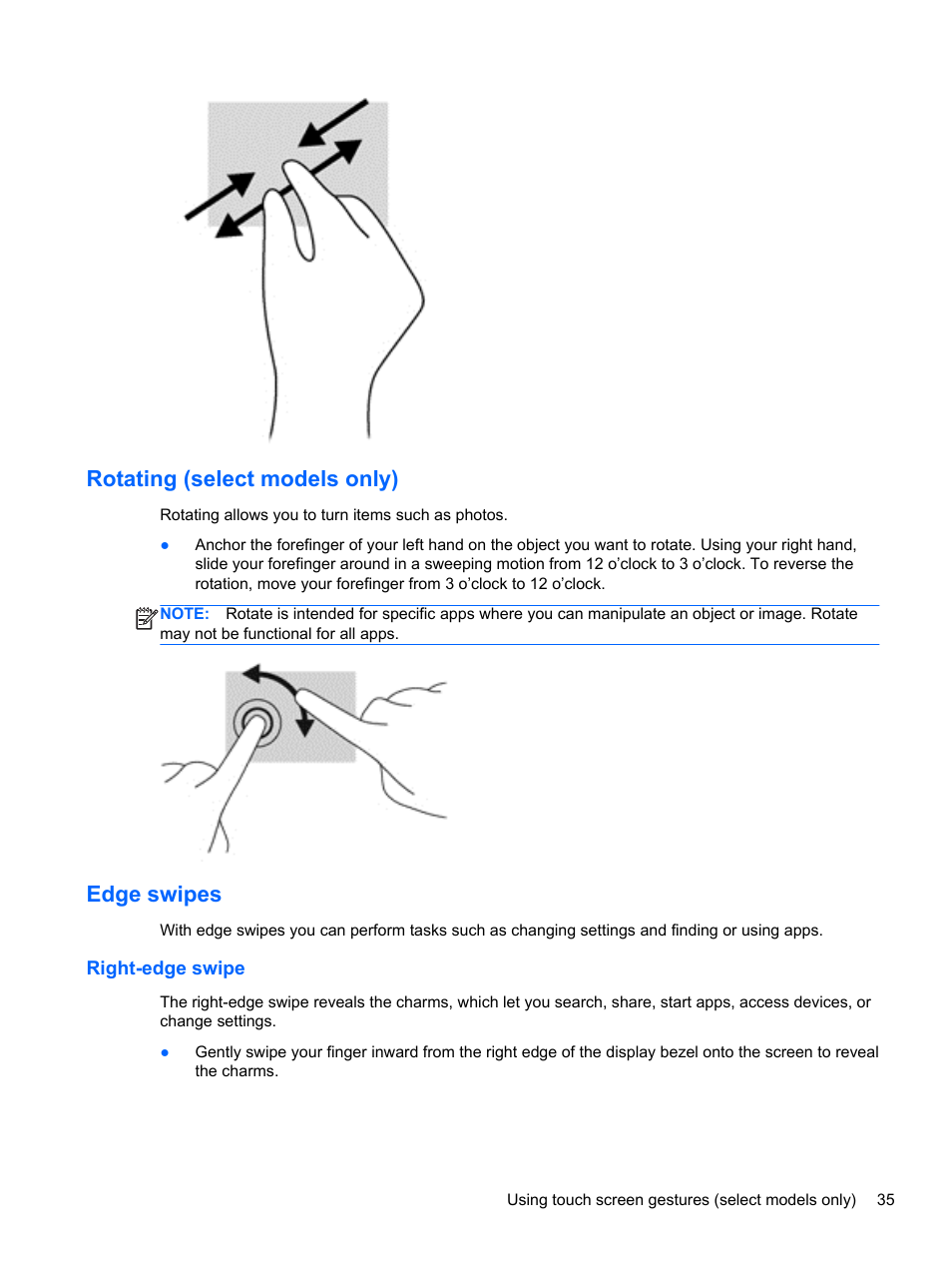 Rotating (select models only), Edge swipes, Right-edge swipe | Rotating (select models only) edge swipes | HP ENVY 15-j181nr Notebook PC User Manual | Page 45 / 90