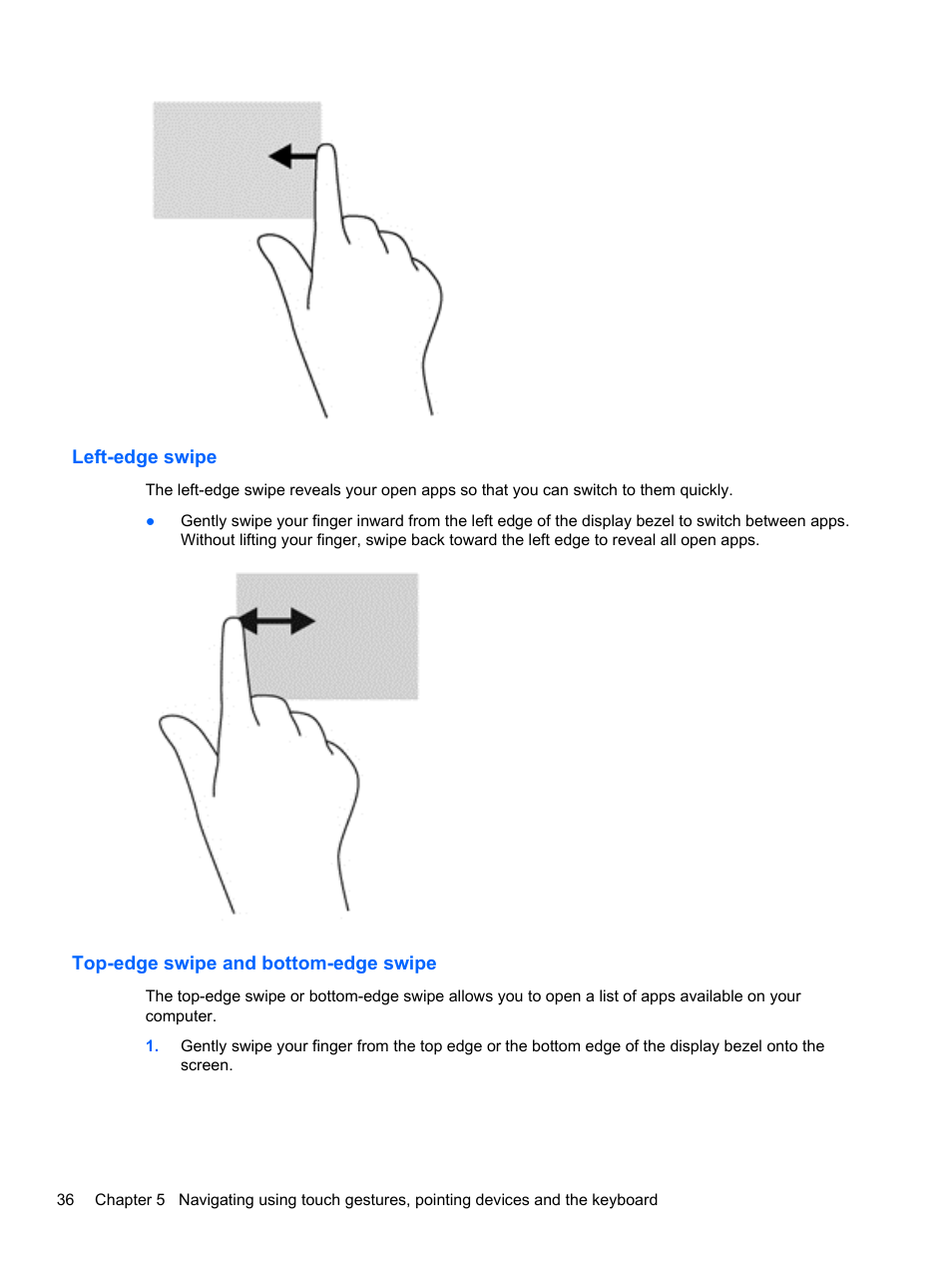 Left-edge swipe, Top-edge swipe and bottom-edge swipe | HP ENVY 15-j181nr Notebook PC User Manual | Page 46 / 90