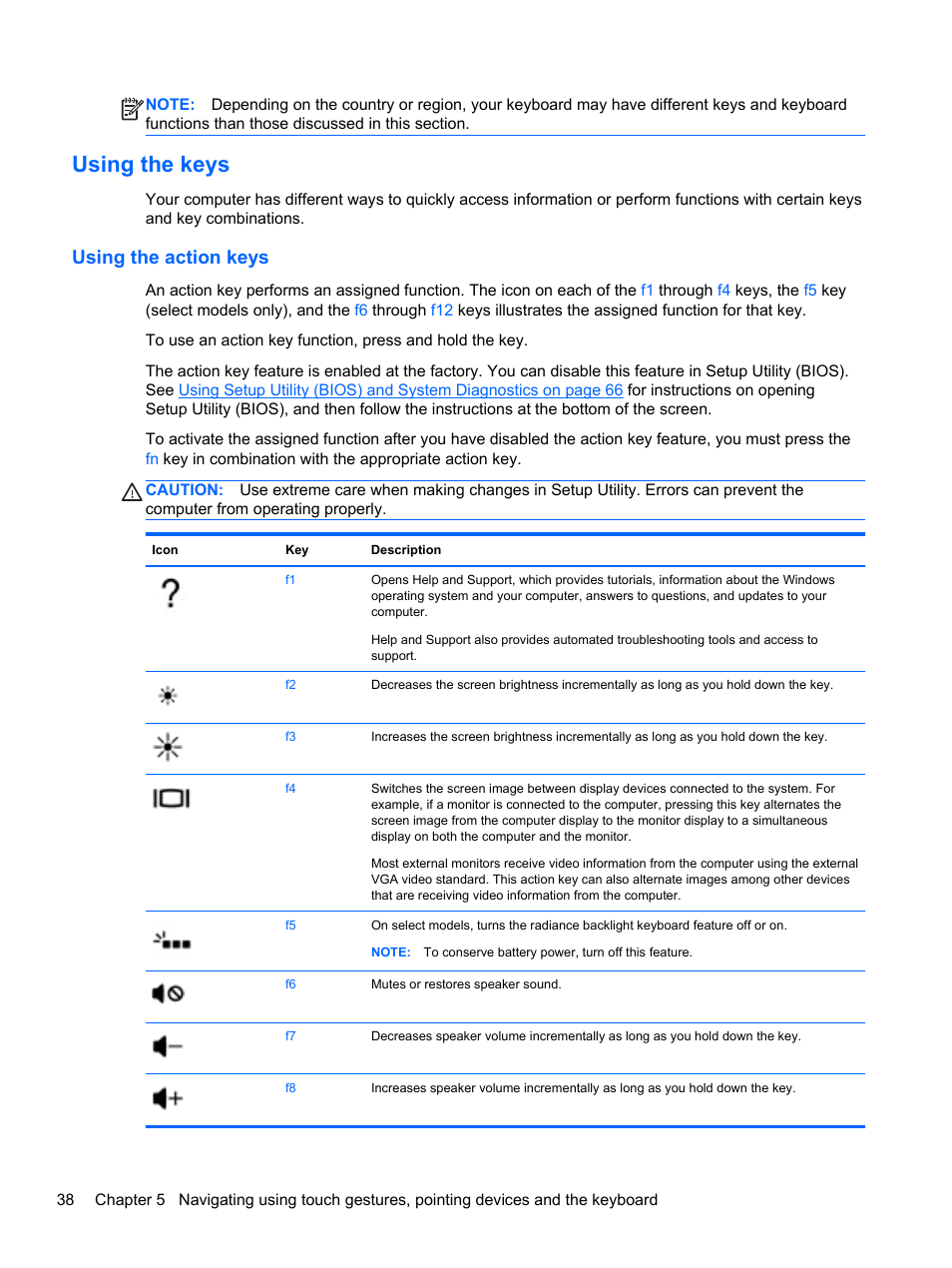 Using the keys, Using the action keys | HP ENVY 15-j181nr Notebook PC User Manual | Page 48 / 90