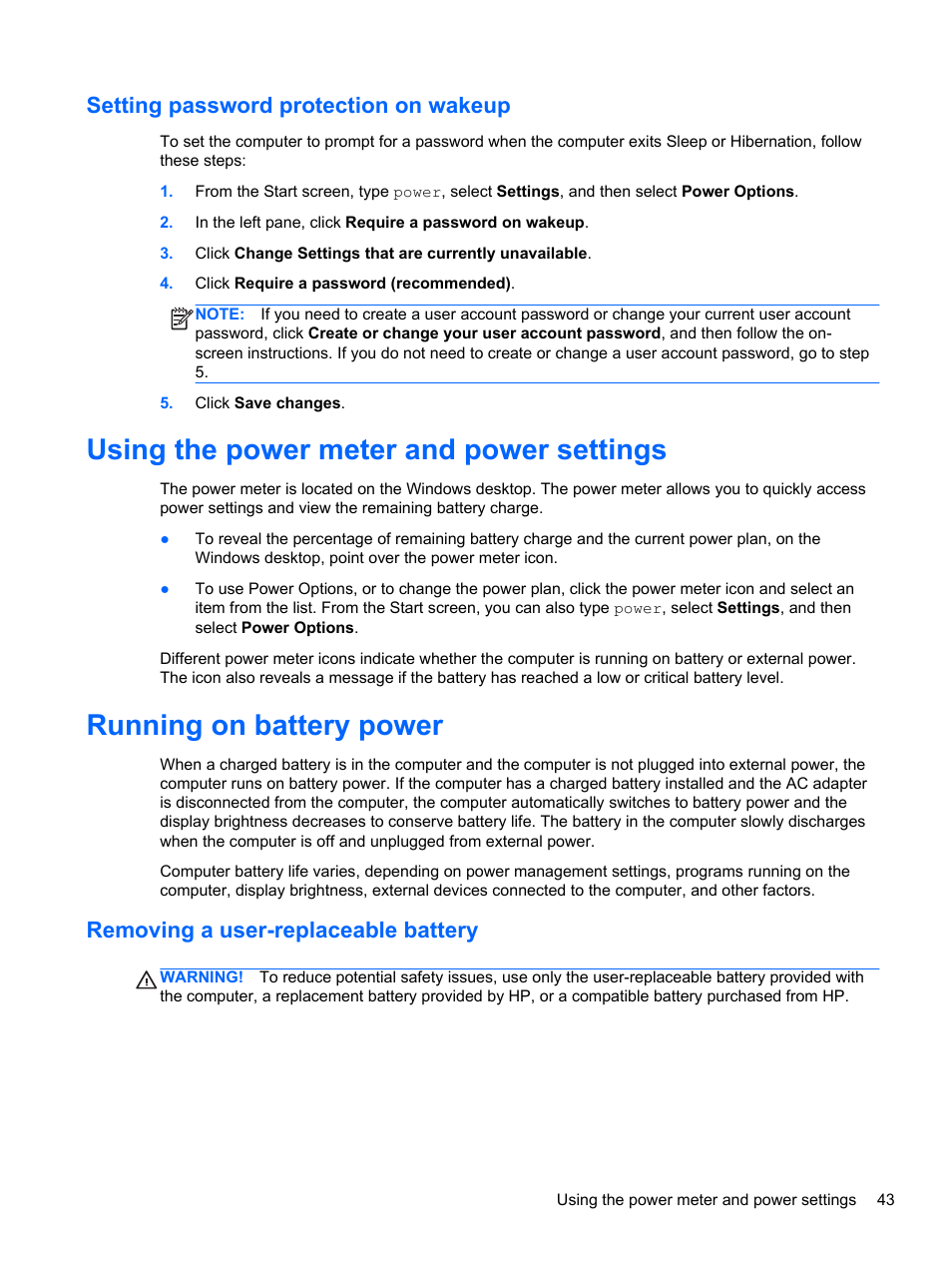 Setting password protection on wakeup, Using the power meter and power settings, Running on battery power | Removing a user-replaceable battery | HP ENVY 15-j181nr Notebook PC User Manual | Page 53 / 90