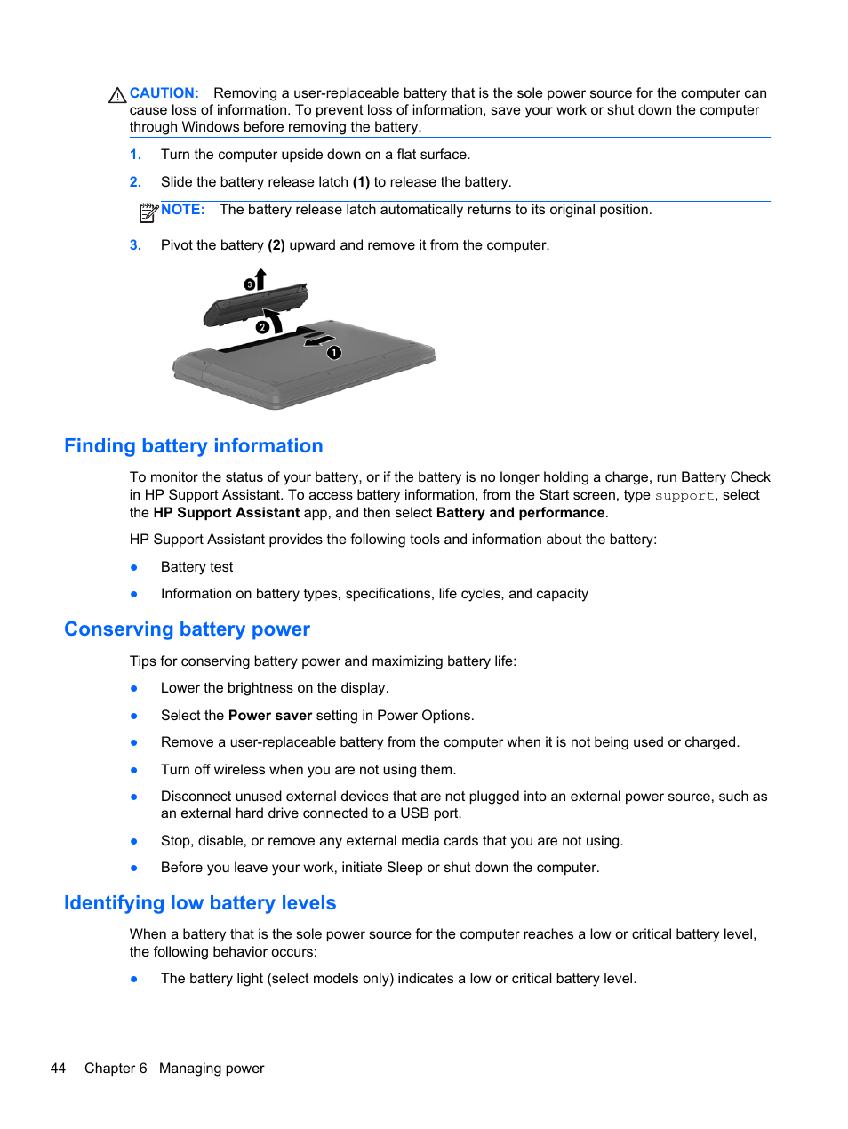 Finding battery information, Conserving battery power, Identifying low battery levels | HP ENVY 15-j181nr Notebook PC User Manual | Page 54 / 90