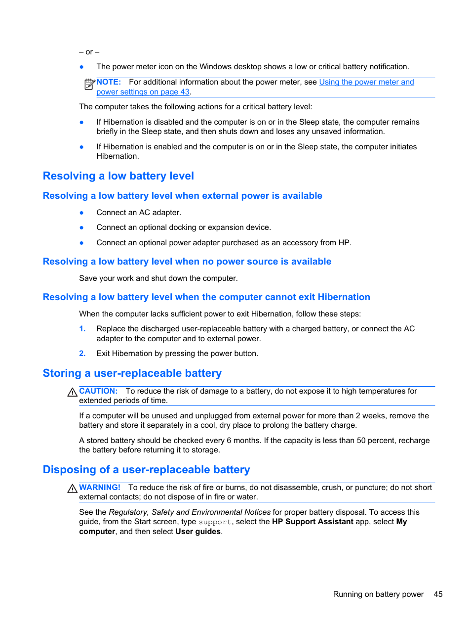 Resolving a low battery level, Storing a user-replaceable battery, Disposing of a user-replaceable battery | HP ENVY 15-j181nr Notebook PC User Manual | Page 55 / 90