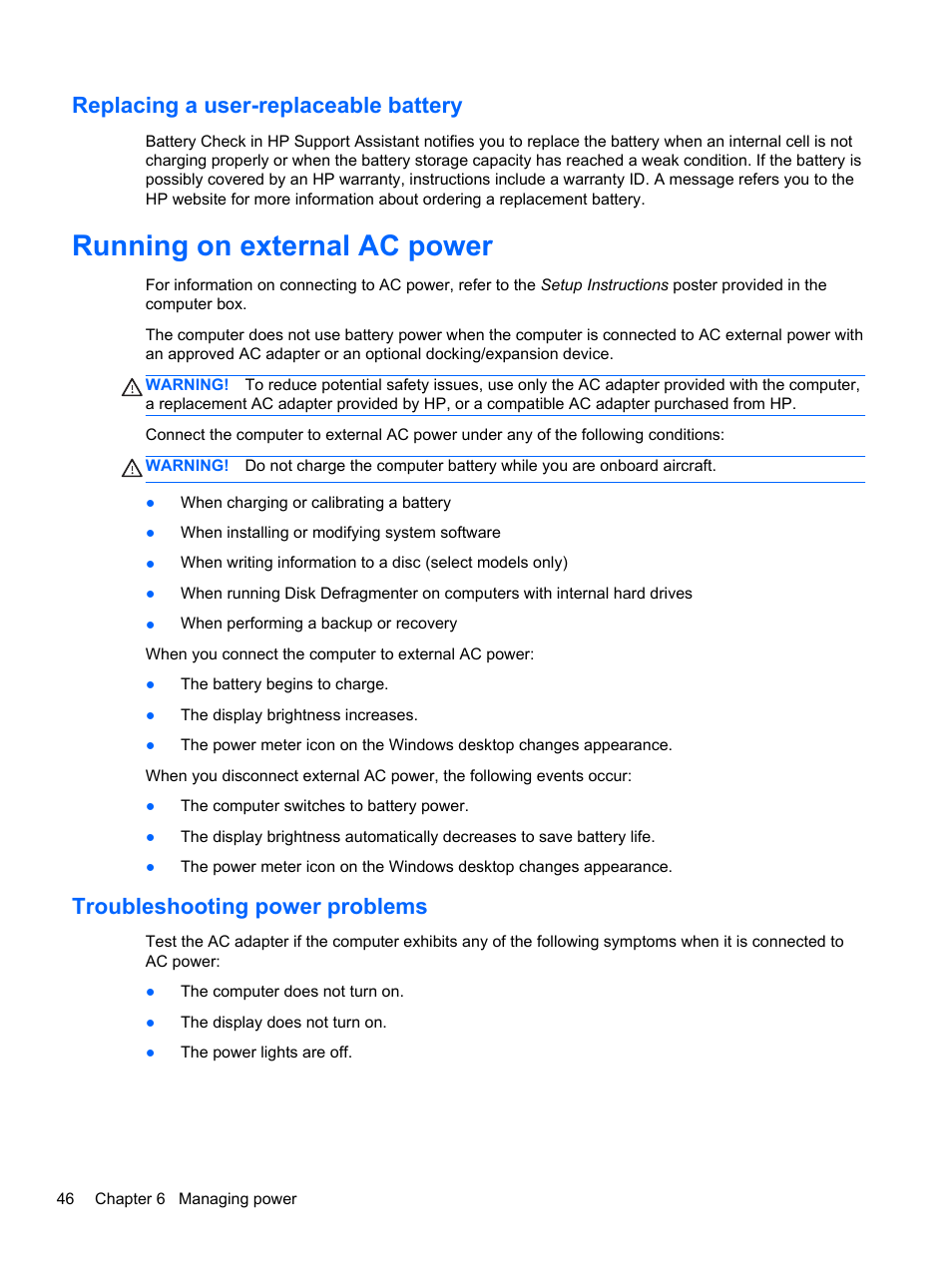 Replacing a user-replaceable battery, Running on external ac power, Troubleshooting power problems | HP ENVY 15-j181nr Notebook PC User Manual | Page 56 / 90