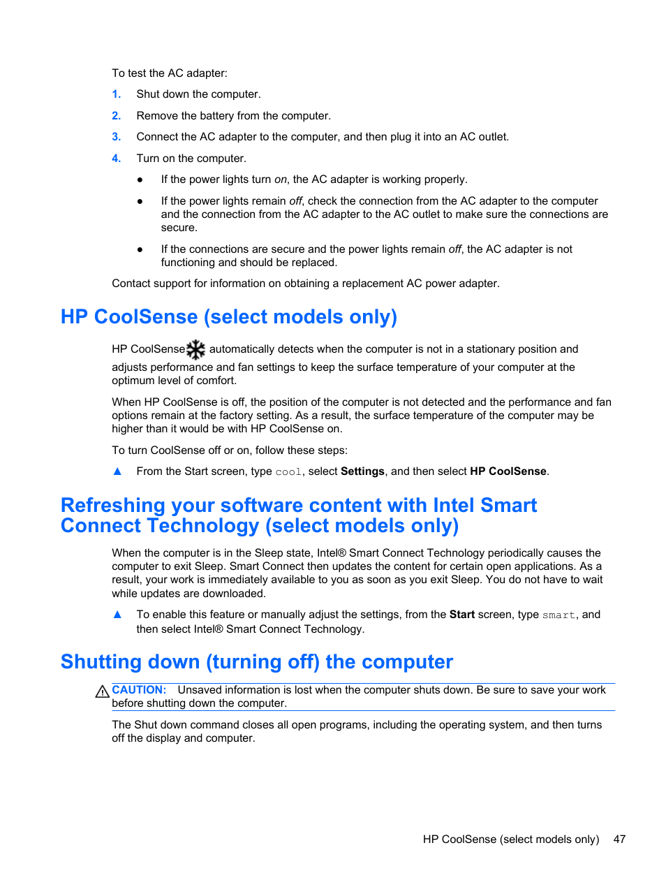 Hp coolsense (select models only), Shutting down (turning off) the computer | HP ENVY 15-j181nr Notebook PC User Manual | Page 57 / 90