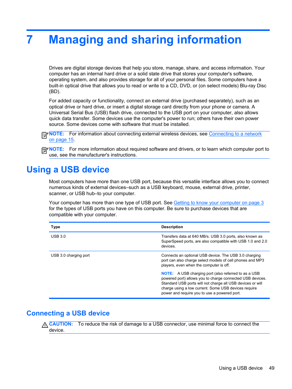 Managing and sharing information, Using a usb device, Connecting a usb device | 7 managing and sharing information, 7managing and sharing information | HP ENVY 15-j181nr Notebook PC User Manual | Page 59 / 90