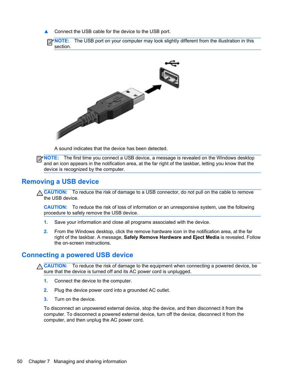 Removing a usb device, Connecting a powered usb device | HP ENVY 15-j181nr Notebook PC User Manual | Page 60 / 90