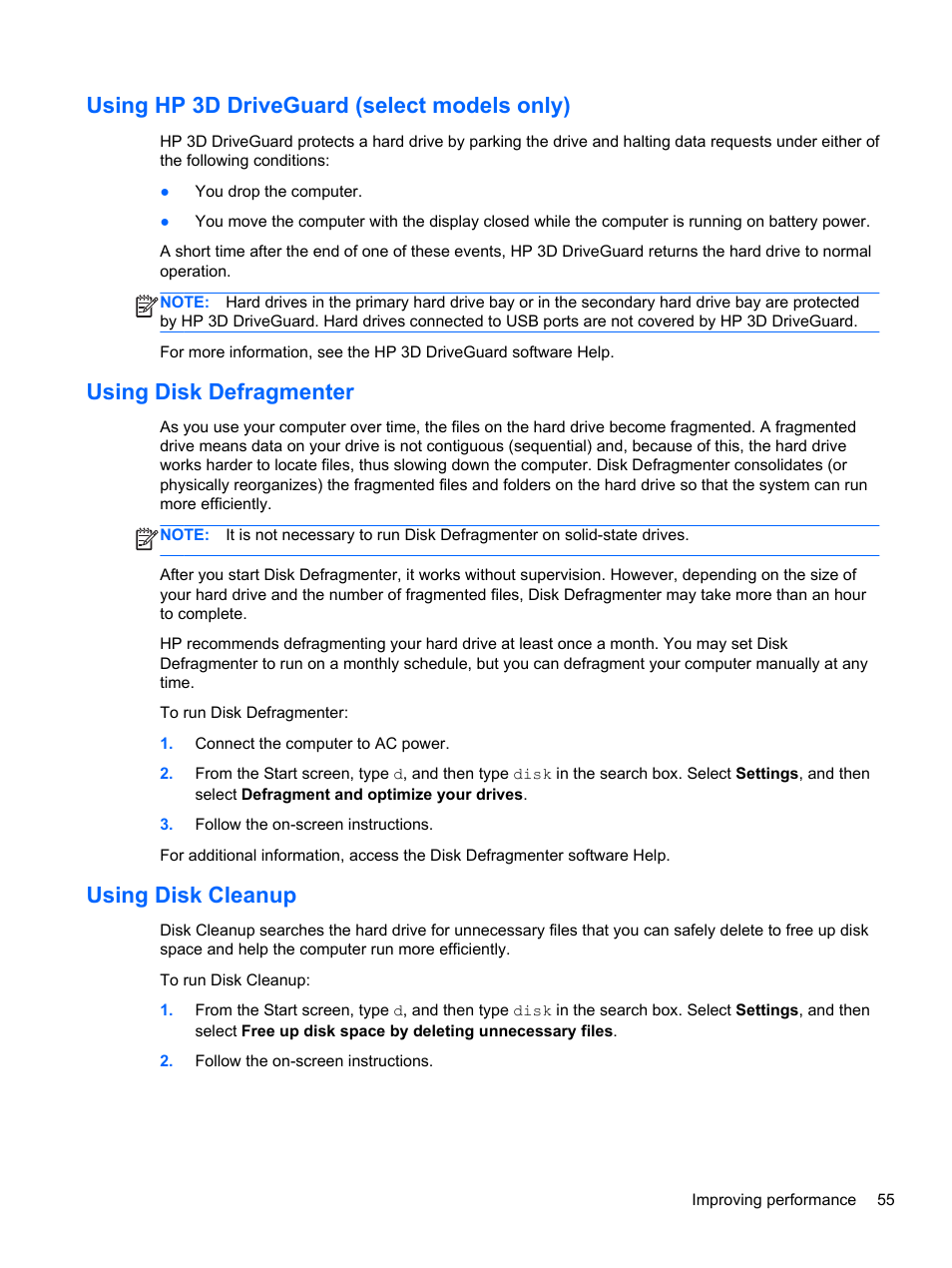 Using hp 3d driveguard (select models only), Using disk defragmenter, Using disk cleanup | HP ENVY 15-j181nr Notebook PC User Manual | Page 65 / 90