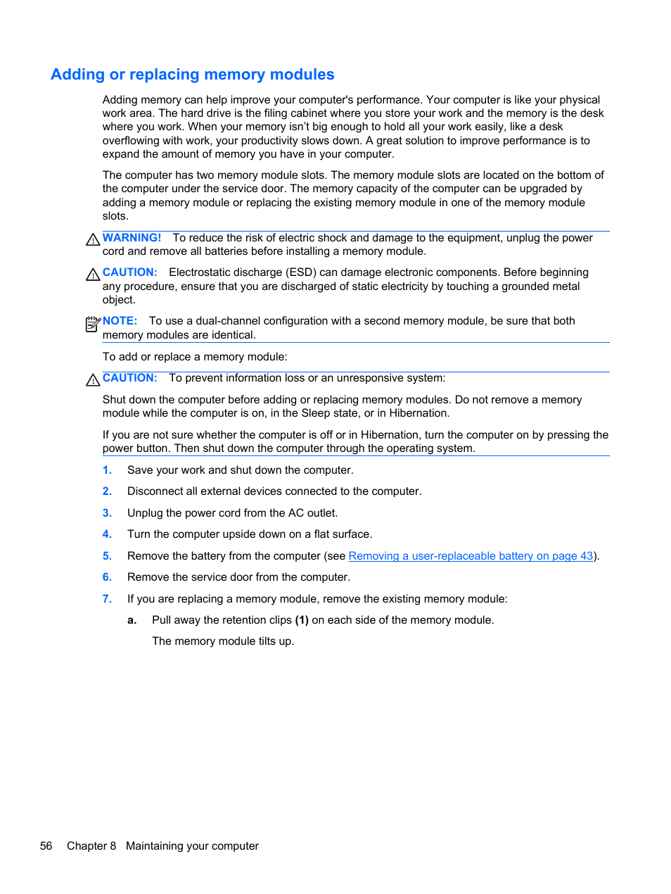 Adding or replacing memory modules | HP ENVY 15-j181nr Notebook PC User Manual | Page 66 / 90