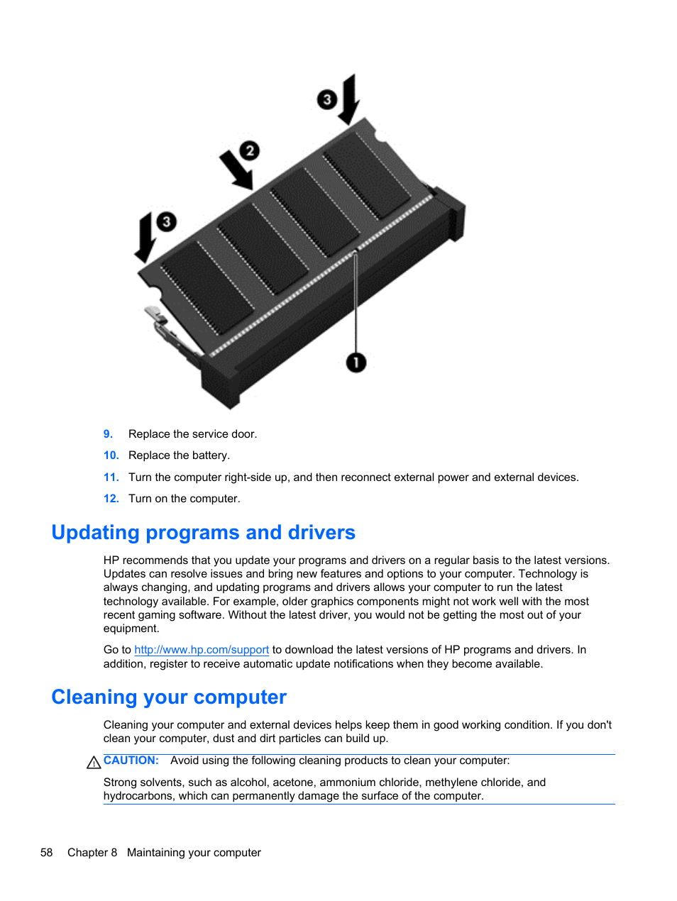 Updating programs and drivers, Cleaning your computer | HP ENVY 15-j181nr Notebook PC User Manual | Page 68 / 90