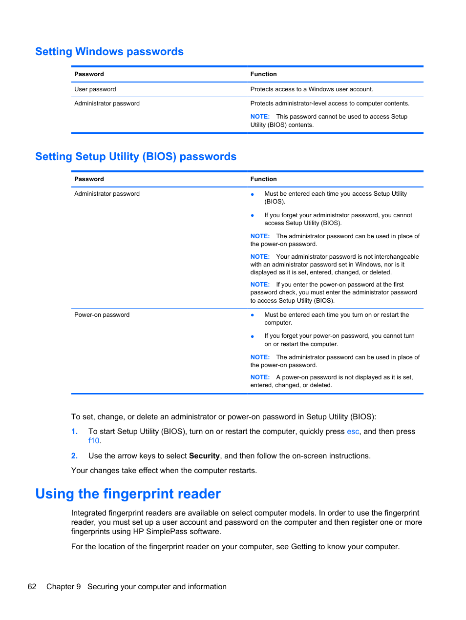 Setting windows passwords, Setting setup utility (bios) passwords, Using the fingerprint reader | HP ENVY 15-j181nr Notebook PC User Manual | Page 72 / 90