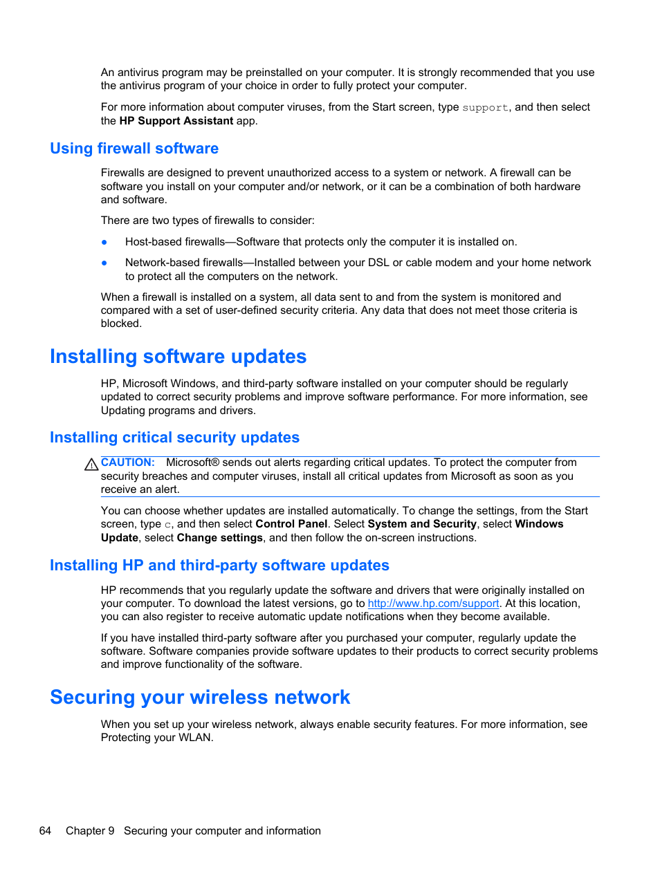 Using firewall software, Installing software updates, Installing critical security updates | Installing hp and third-party software updates, Securing your wireless network | HP ENVY 15-j181nr Notebook PC User Manual | Page 74 / 90