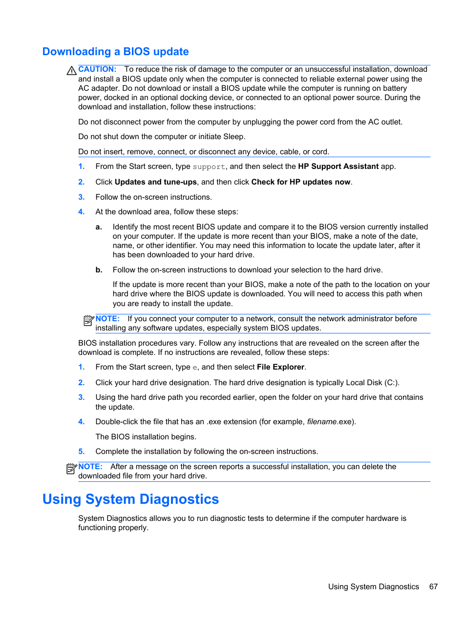 Downloading a bios update, Using system diagnostics | HP ENVY 15-j181nr Notebook PC User Manual | Page 77 / 90