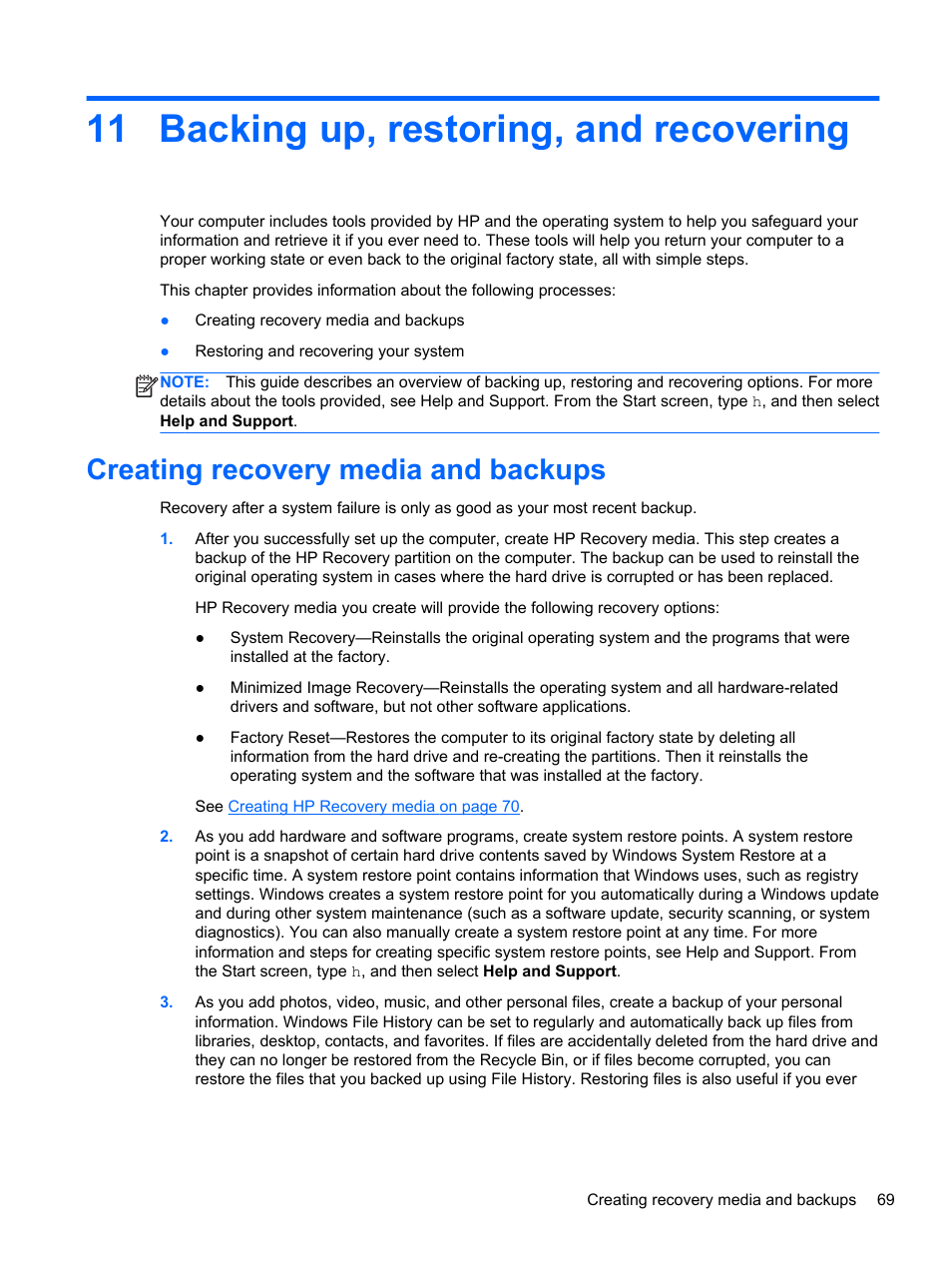 Backing up, restoring, and recovering, Creating recovery media and backups, 11 backing up, restoring, and recovering | Backing up | HP ENVY 15-j181nr Notebook PC User Manual | Page 79 / 90