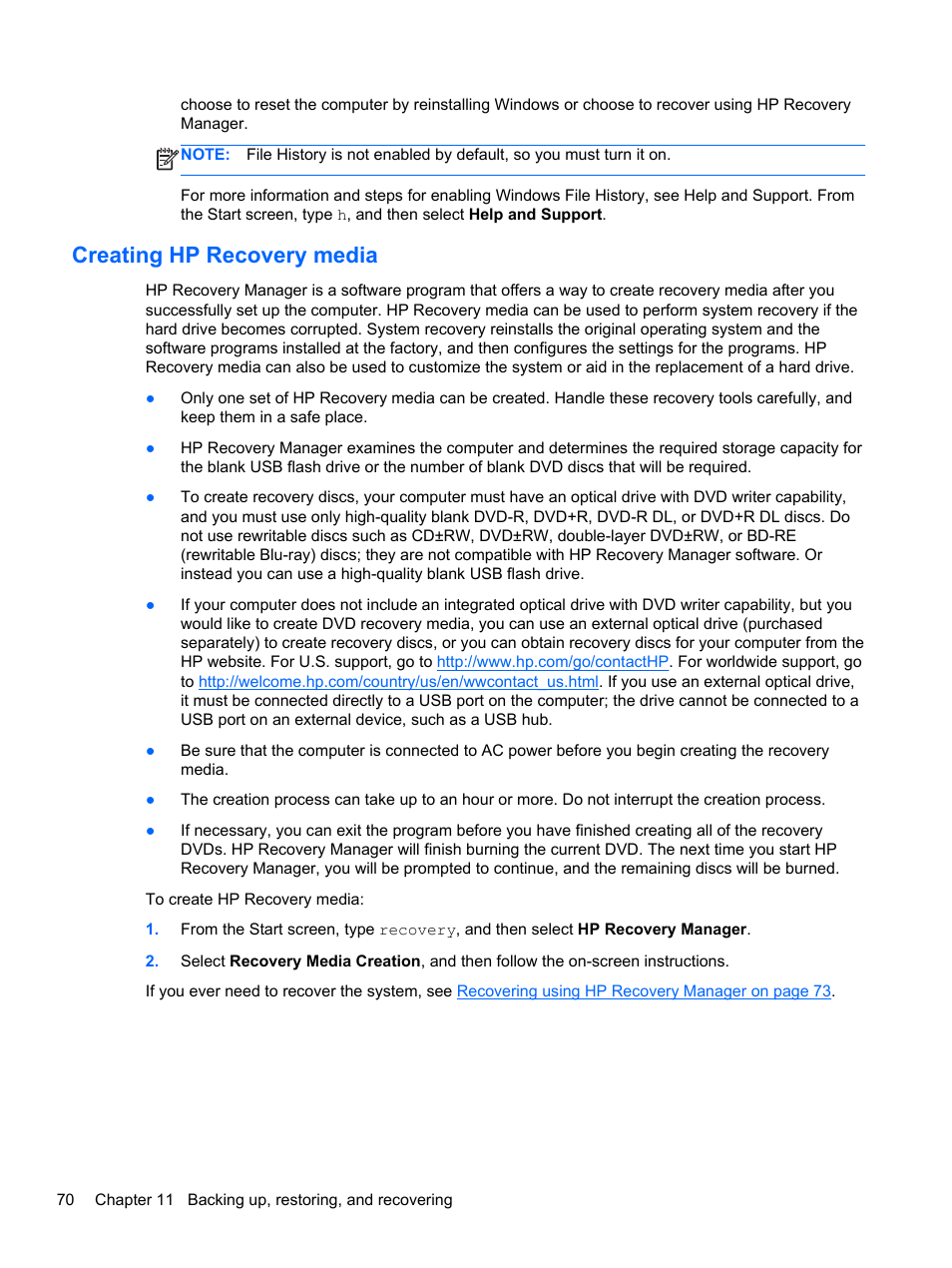 Creating hp recovery media | HP ENVY 15-j181nr Notebook PC User Manual | Page 80 / 90