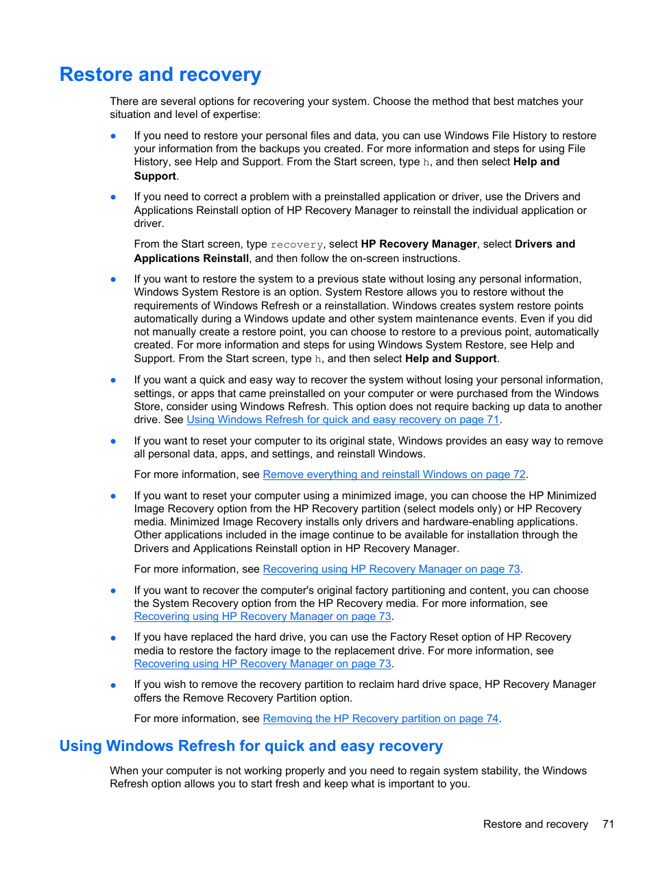 Restore and recovery, Using windows refresh for quick and easy recovery | HP ENVY 15-j181nr Notebook PC User Manual | Page 81 / 90