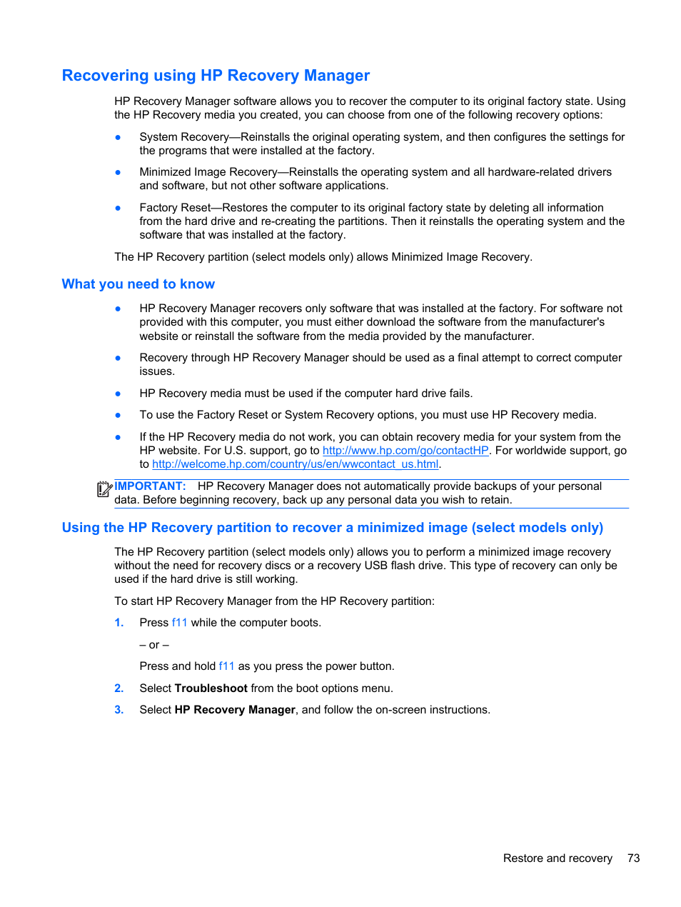 Recovering using hp recovery manager, What you need to know | HP ENVY 15-j181nr Notebook PC User Manual | Page 83 / 90