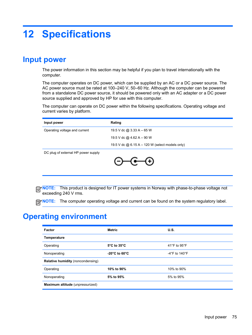 Specifications, Input power, Operating environment | 12 specifications, Input power operating environment | HP ENVY 15-j181nr Notebook PC User Manual | Page 85 / 90