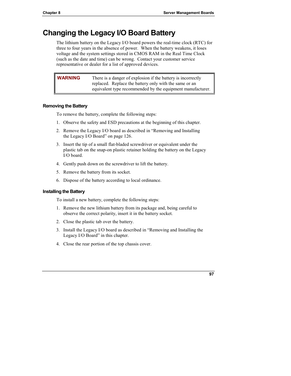 Changing the legacy i/o board battery | HP Integrity rx4610 Server User Manual | Page 105 / 249