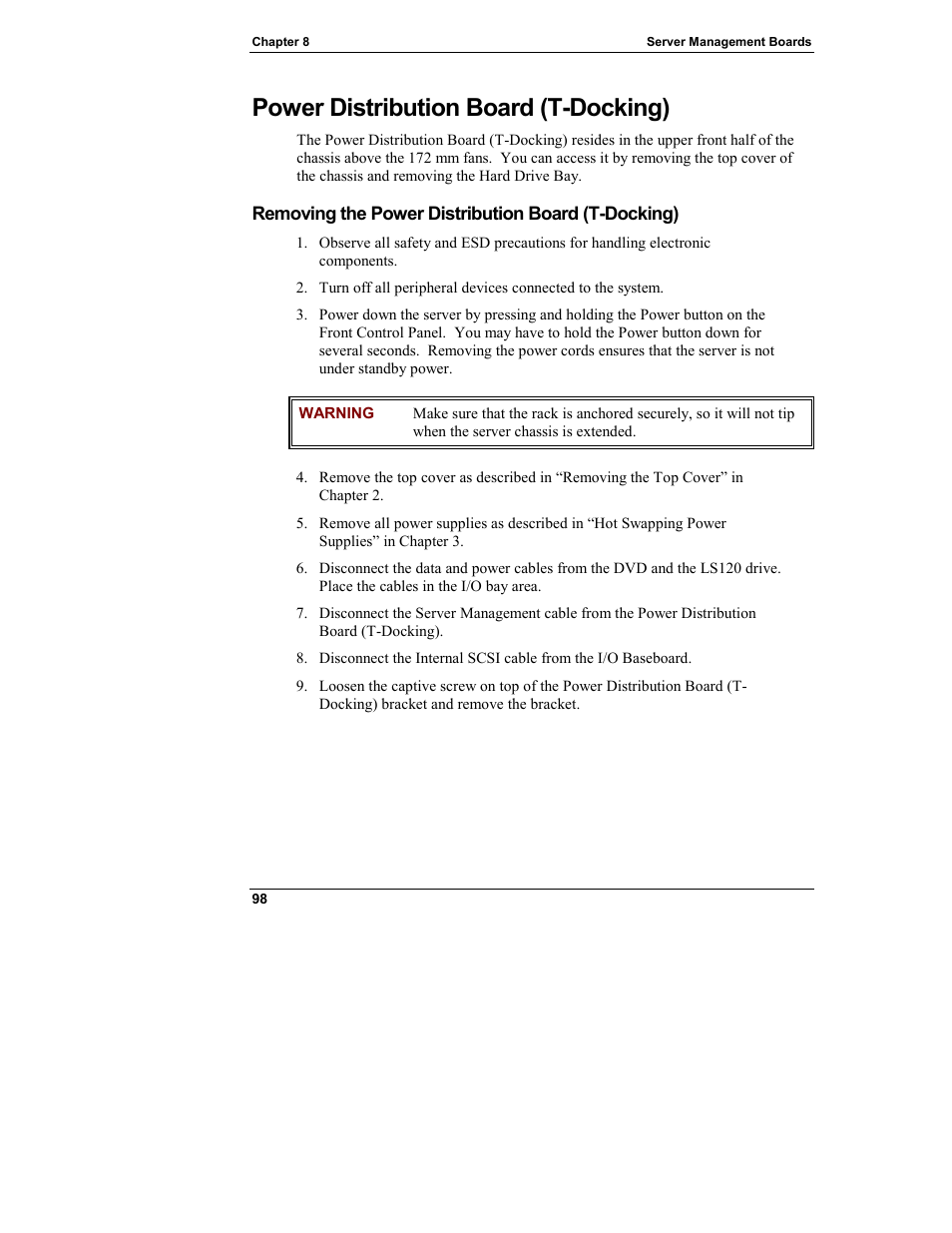 Power distribution board (t-docking), Removing the power distribution board (t-docking) | HP Integrity rx4610 Server User Manual | Page 106 / 249