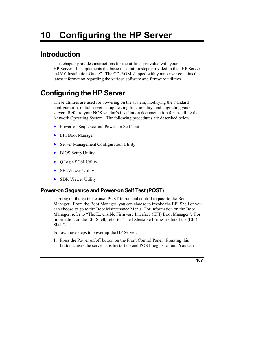 10 configuring the hp server, Introduction, Configuring the hp server | Power-on sequence and power-on self test (post) | HP Integrity rx4610 Server User Manual | Page 115 / 249