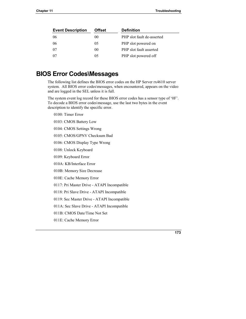 Bios error codes\messages | HP Integrity rx4610 Server User Manual | Page 181 / 249