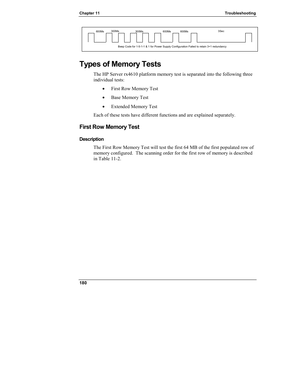 Types of memory tests, First row memory test | HP Integrity rx4610 Server User Manual | Page 188 / 249