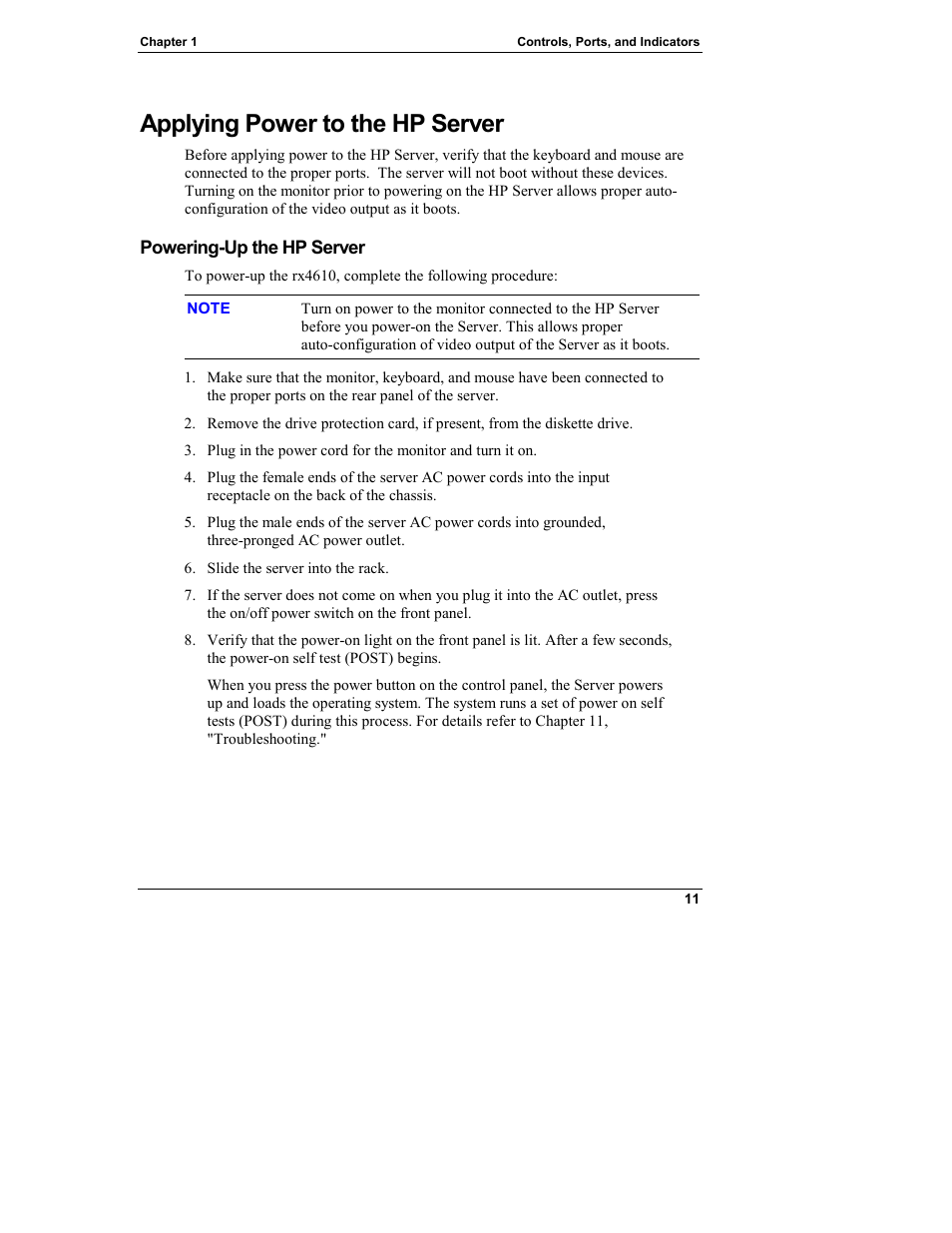 Applying power to the hp server, Powering-up the hp server | HP Integrity rx4610 Server User Manual | Page 19 / 249