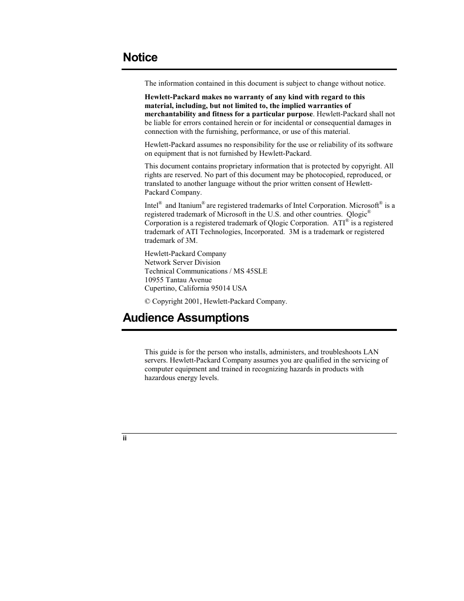 Notice, Audience assumptions | HP Integrity rx4610 Server User Manual | Page 2 / 249