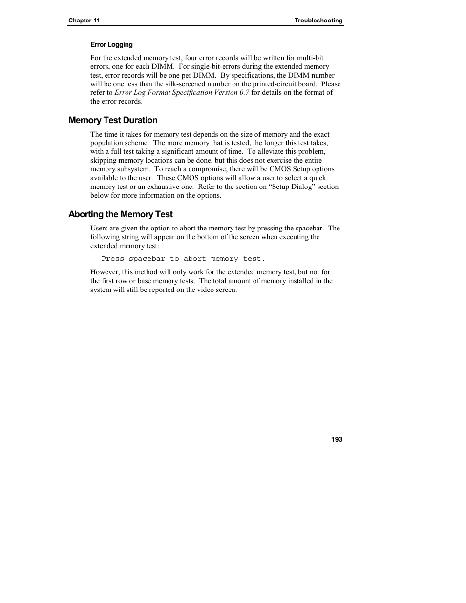 Memory test duration, Aborting the memory test | HP Integrity rx4610 Server User Manual | Page 201 / 249