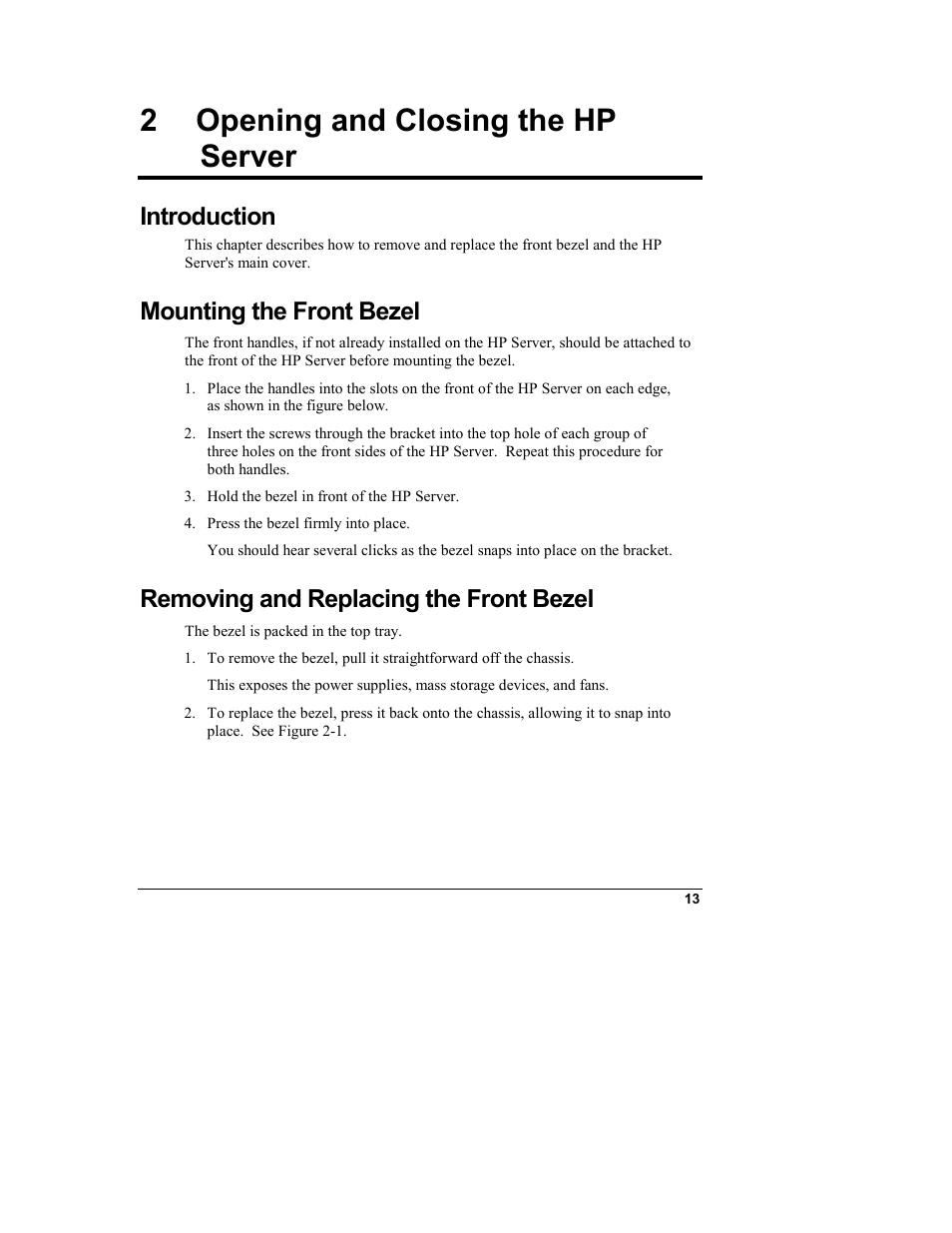 2 opening and closing the hp server, Introduction, Mounting the front bezel | Removing and replacing the front bezel, Opening and closing the hp server | HP Integrity rx4610 Server User Manual | Page 21 / 249