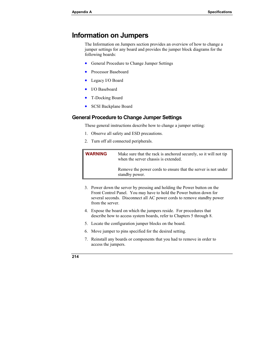 Information on jumpers, General procedure to change jumper settings | HP Integrity rx4610 Server User Manual | Page 222 / 249