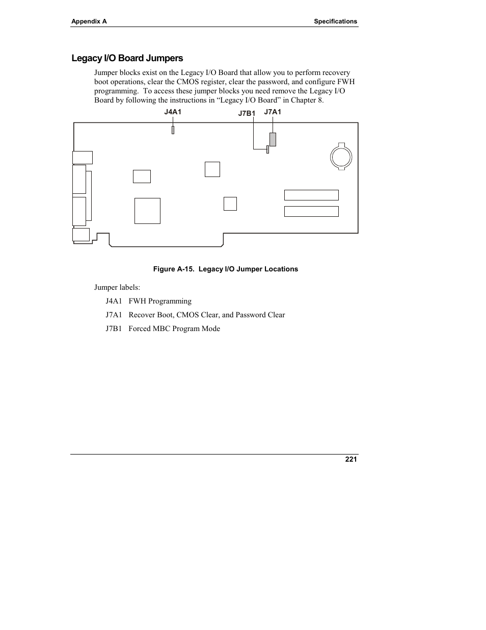 Legacy i/o board jumpers | HP Integrity rx4610 Server User Manual | Page 229 / 249