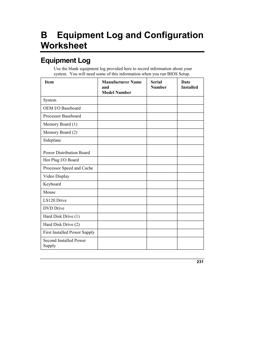 B equipment log and configuration worksheet, Equipment log, Equipment log and configuration worksheet | HP Integrity rx4610 Server User Manual | Page 239 / 249