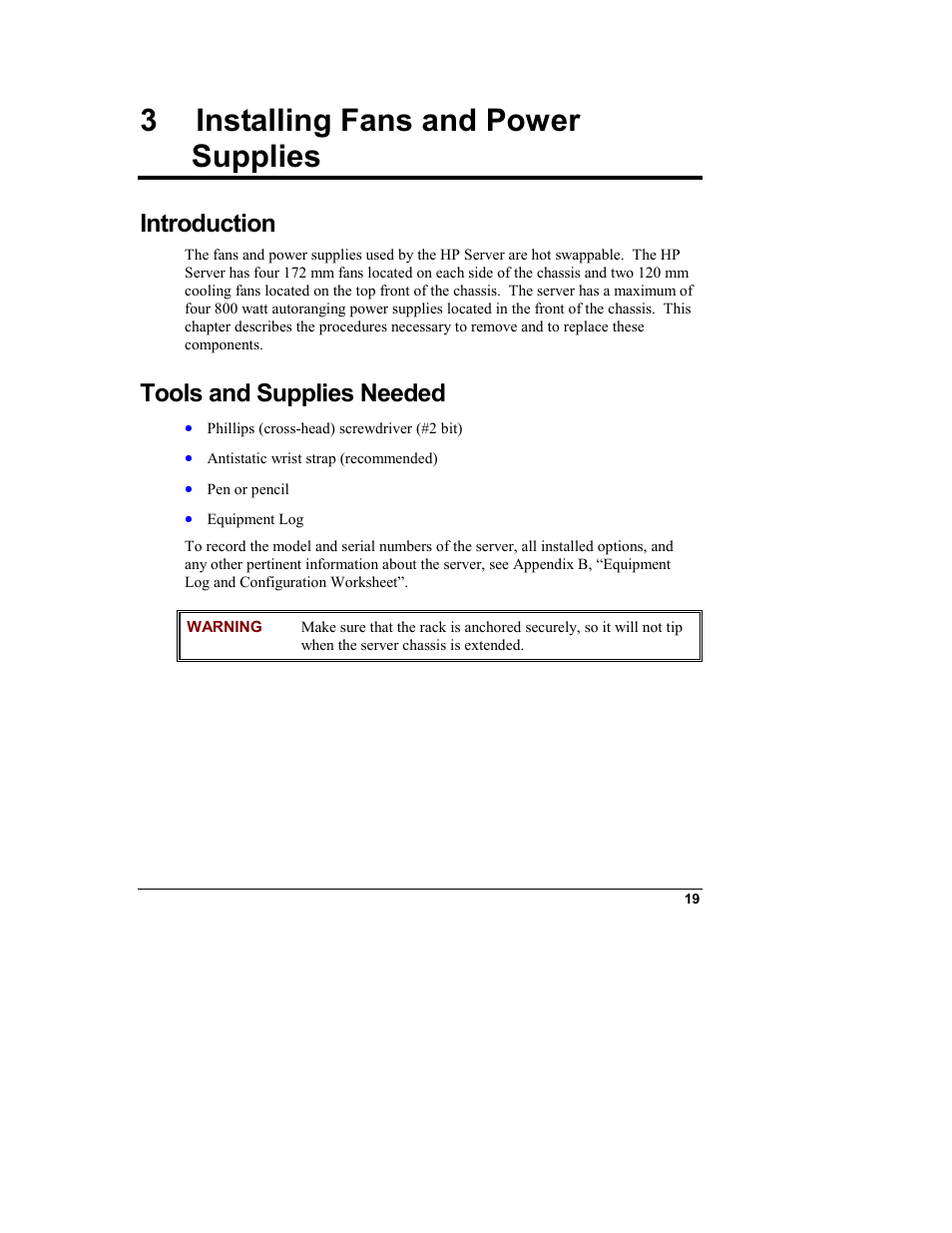 3 installing fans and power supplies, Introduction, Tools and supplies needed | Installing fans and power supplies | HP Integrity rx4610 Server User Manual | Page 27 / 249