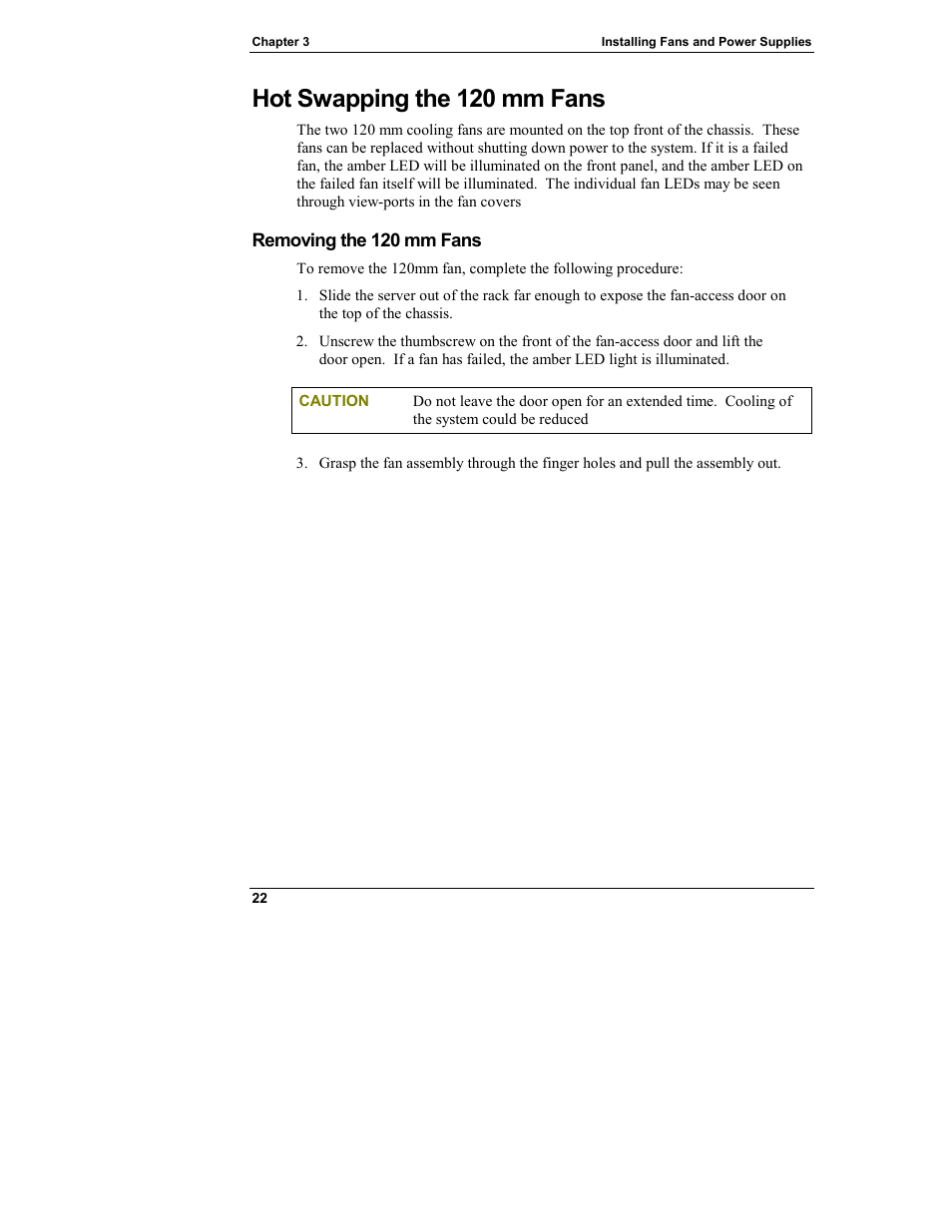 Hot swapping the 120 mm fans, Removing the 120 mm fans | HP Integrity rx4610 Server User Manual | Page 30 / 249