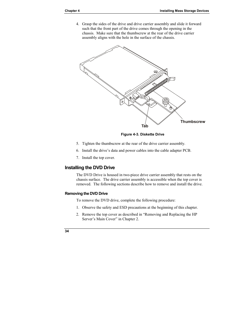 Installing the dvd drive | HP Integrity rx4610 Server User Manual | Page 42 / 249