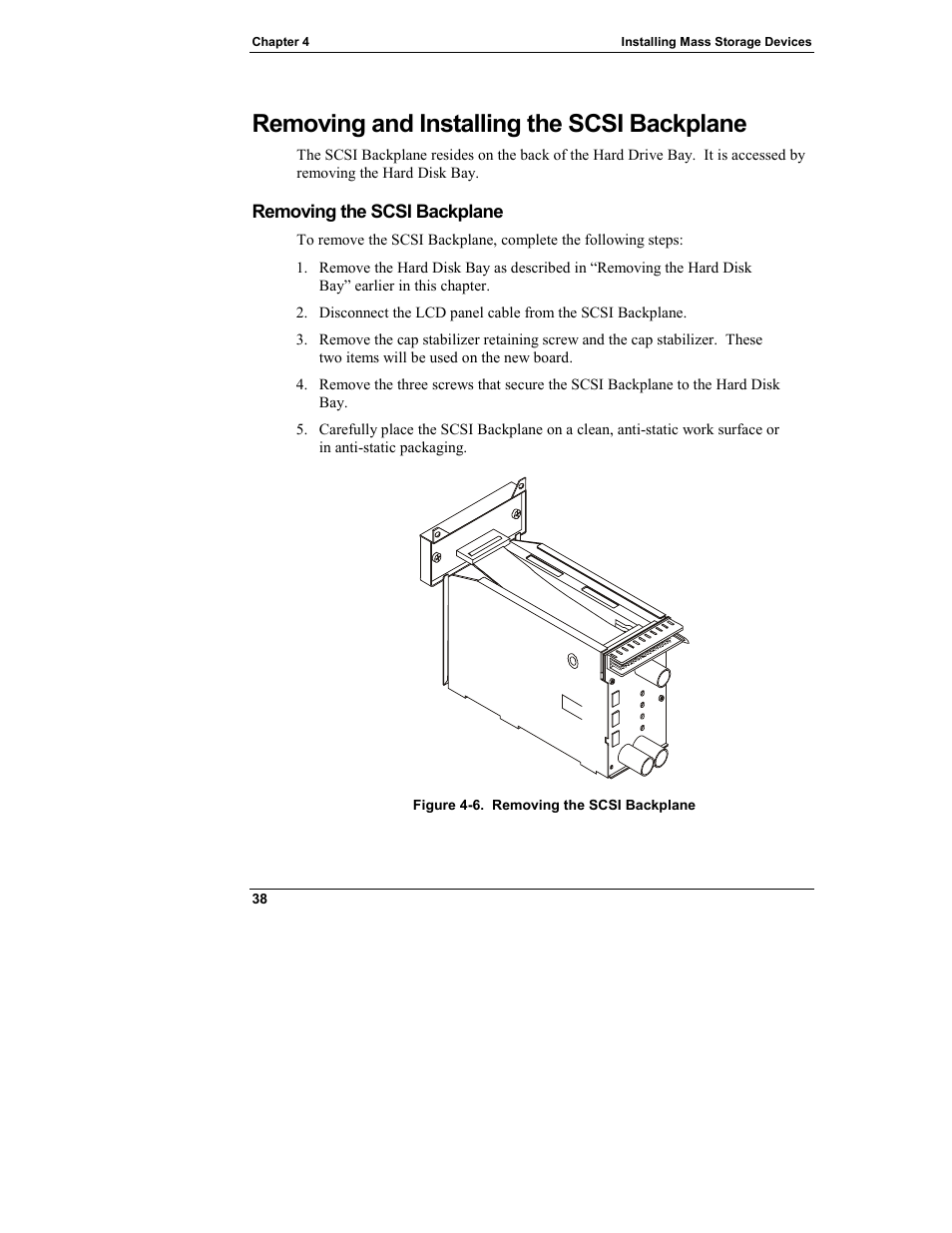 Removing and installing the scsi backplane, Removing the scsi backplane | HP Integrity rx4610 Server User Manual | Page 46 / 249