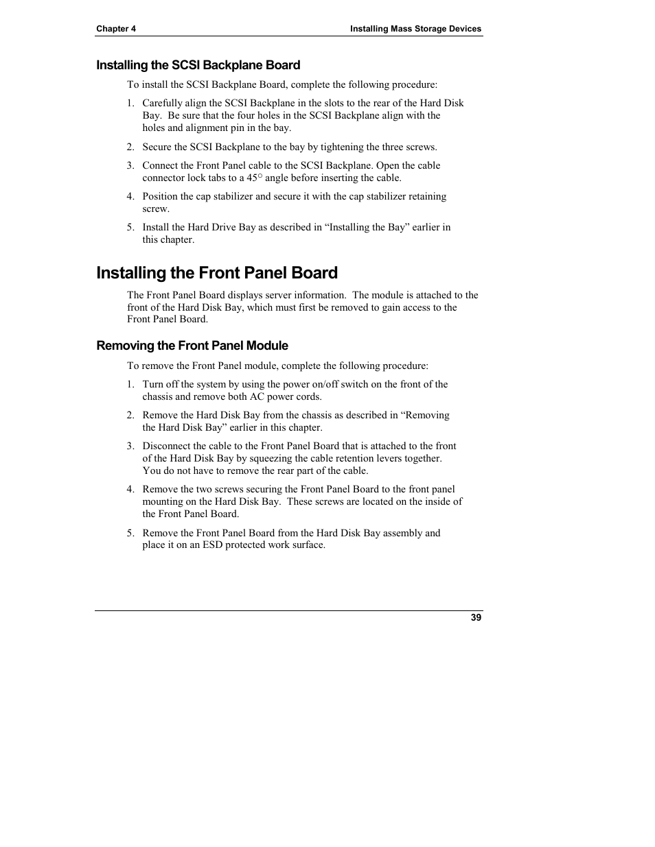 Installing the scsi backplane board, Installing the front panel board, Removing the front panel module | HP Integrity rx4610 Server User Manual | Page 47 / 249