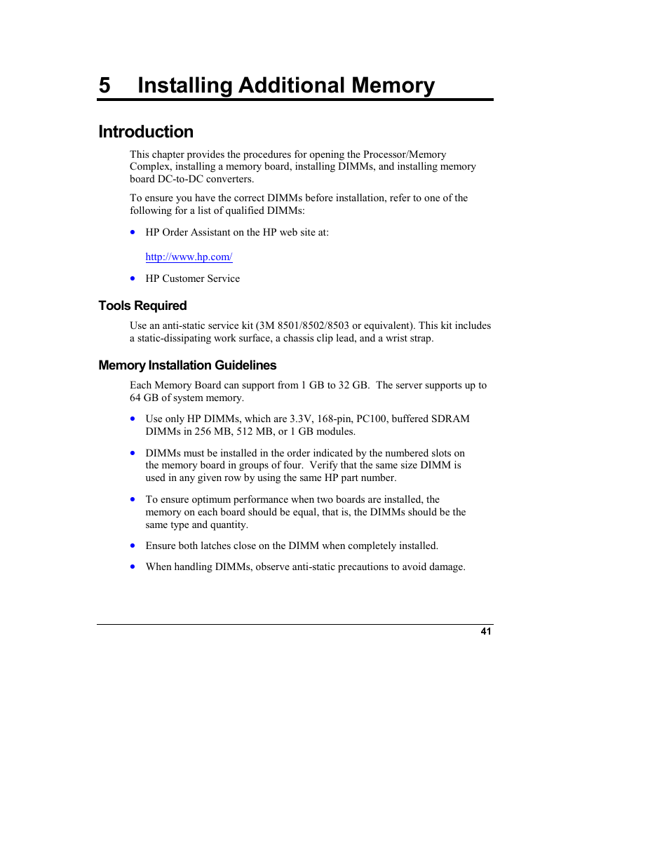 5 installing additional memory, Introduction, Tools required | Memory installation guidelines, Installing additional memory | HP Integrity rx4610 Server User Manual | Page 49 / 249