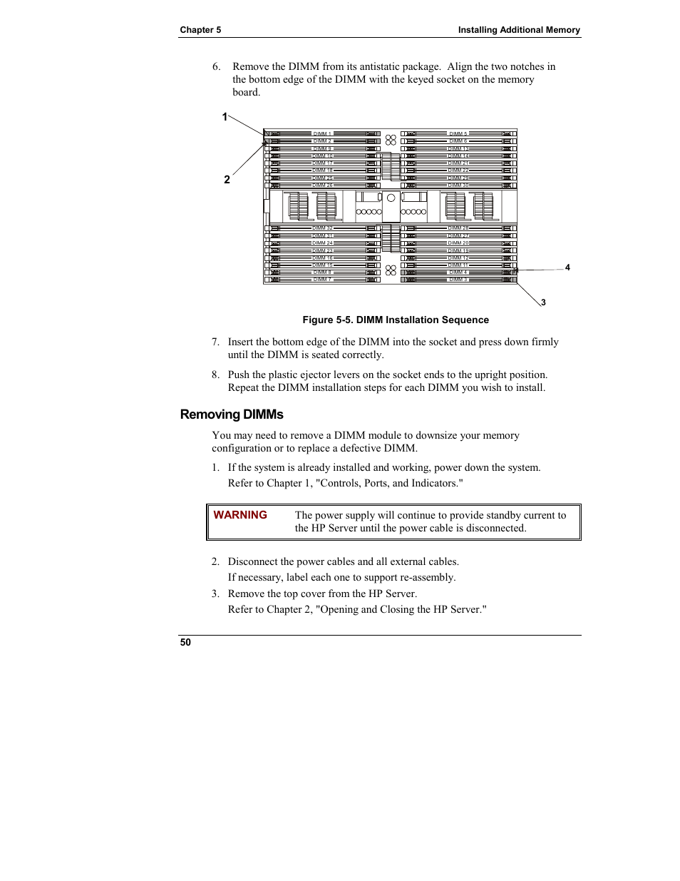 Removing dimms | HP Integrity rx4610 Server User Manual | Page 58 / 249