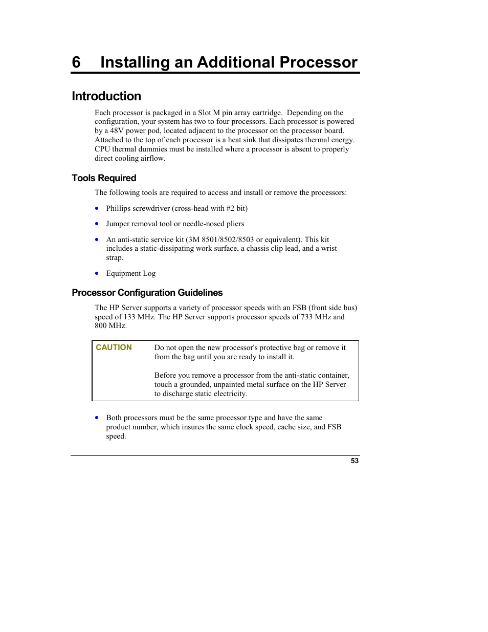 6 installing an additional processor, Introduction, Tools required | Processor configuration guidelines, Installing an additional processor | HP Integrity rx4610 Server User Manual | Page 61 / 249