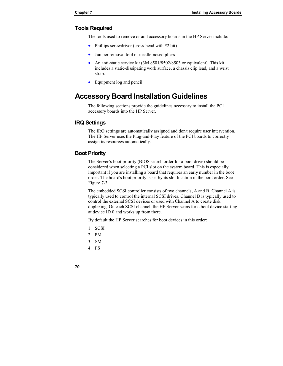 Tools required, Accessory board installation guidelines, Irq settings | Boot priority | HP Integrity rx4610 Server User Manual | Page 78 / 249