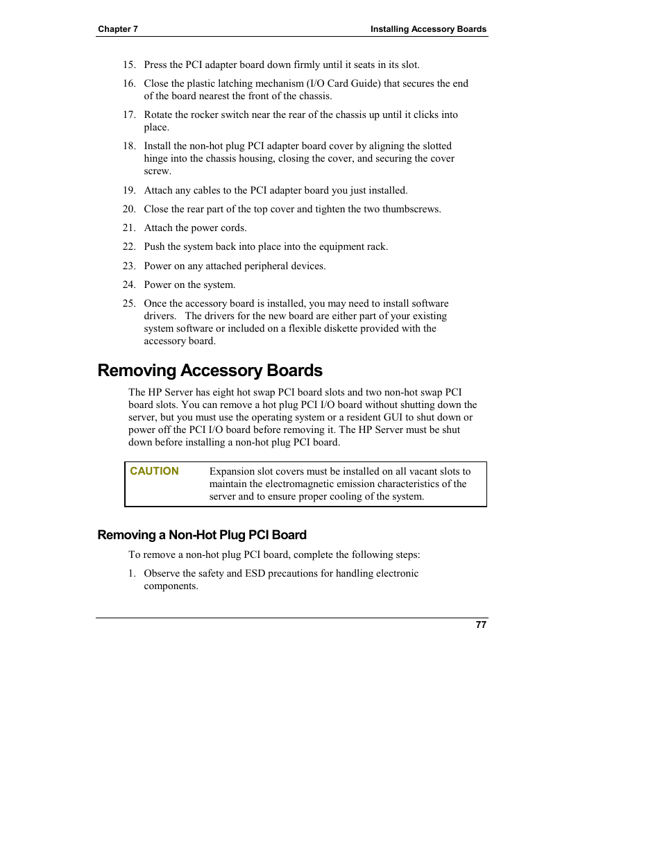 Removing accessory boards, Removing a non-hot plug pci board | HP Integrity rx4610 Server User Manual | Page 85 / 249