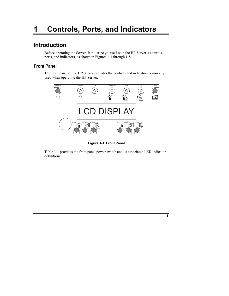 1 controls, ports, and indicators, Introduction, Front panel | Controls, ports, and indicators, Lcd display | HP Integrity rx4610 Server User Manual | Page 9 / 249