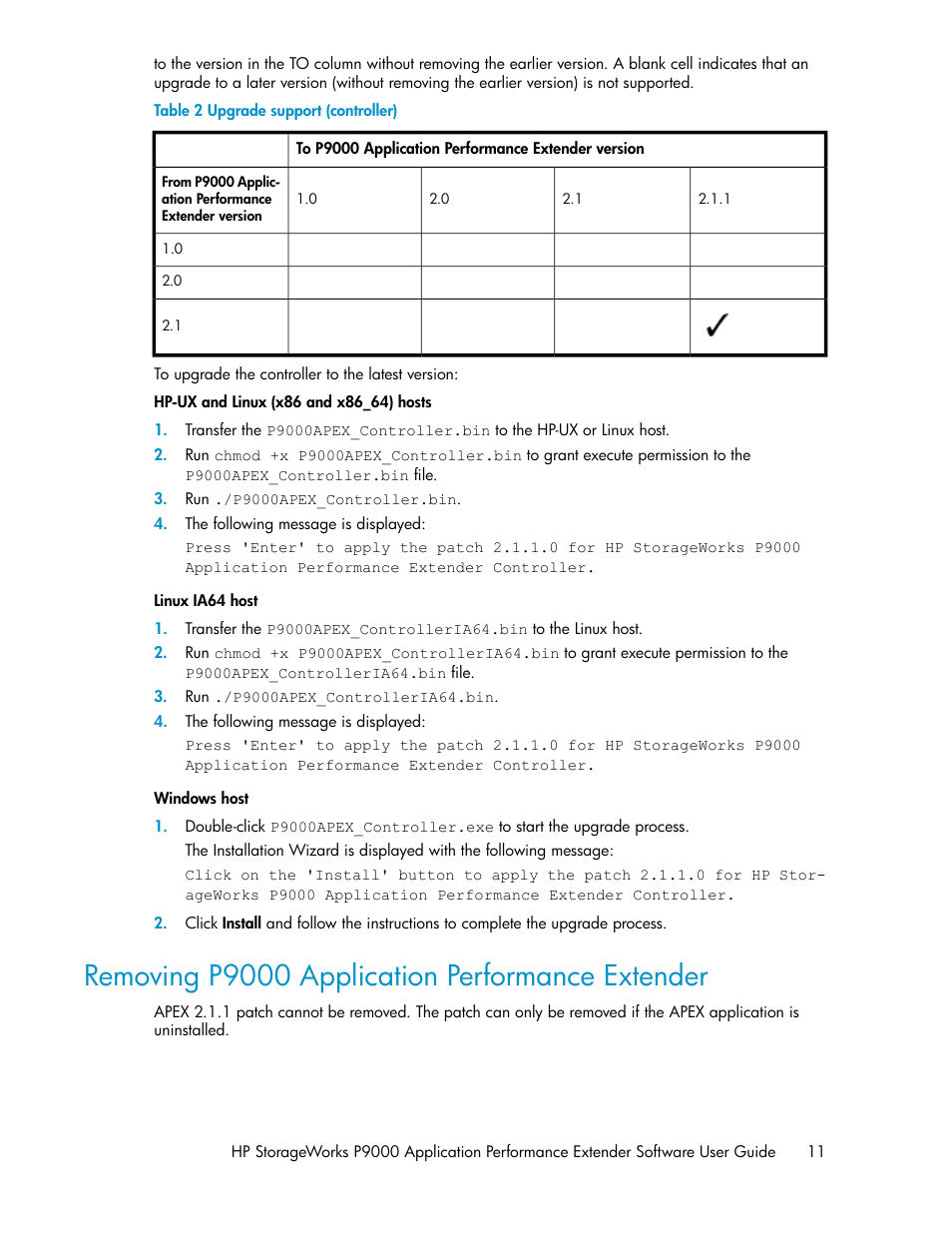 Removing p9000 application performance extender, Upgrade support (controller), Table 2 | HP XP P9000 Application Performance Extender Software User Manual | Page 11 / 32