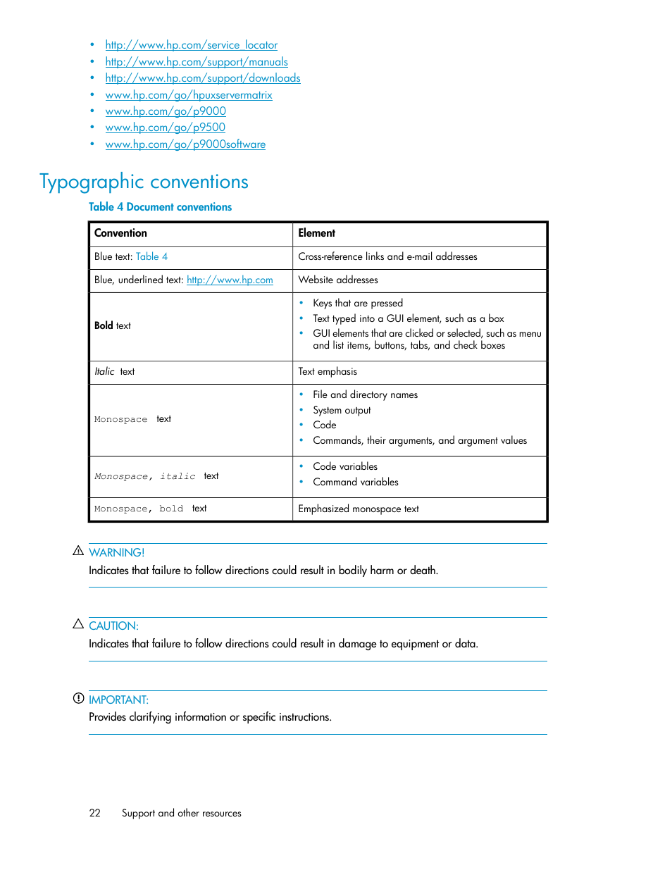 Typographic conventions, Document conventions | HP XP P9000 Application Performance Extender Software User Manual | Page 22 / 32