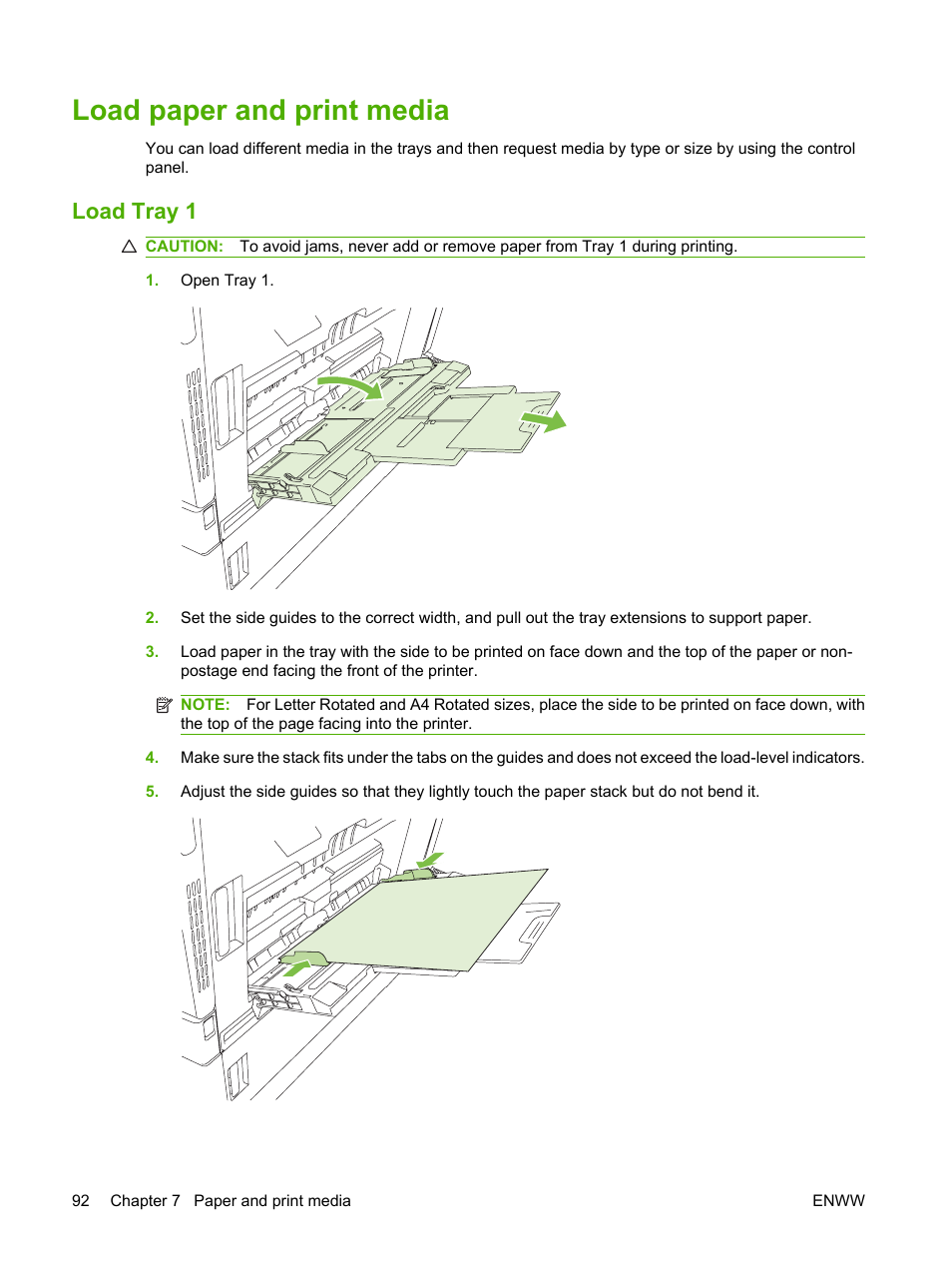 Load paper and print media, Load tray 1 | HP Color LaserJet CP6015 Printer series User Manual | Page 106 / 308