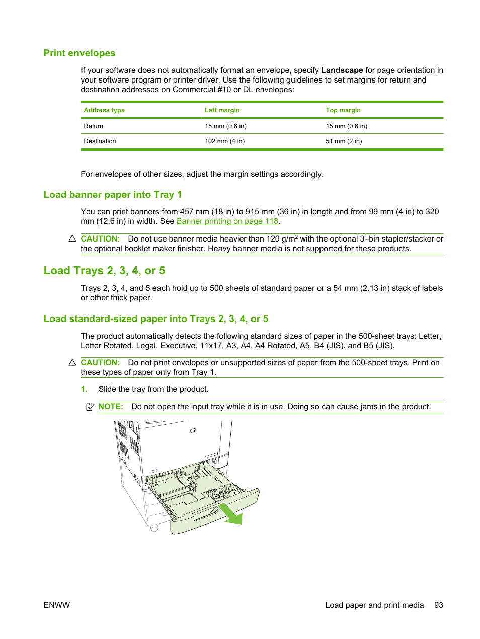 Print envelopes, Load banner paper into tray 1, Load trays 2, 3, 4, or 5 | Load standard-sized paper into trays 2, 3, 4, or 5, Print envelopes load banner paper into tray 1 | HP Color LaserJet CP6015 Printer series User Manual | Page 107 / 308