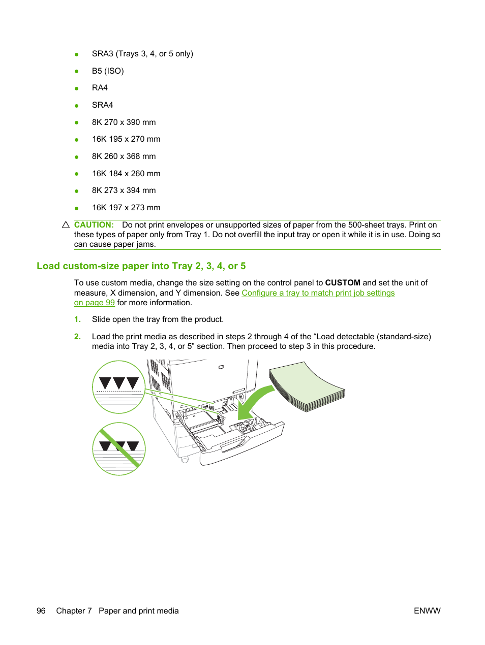 Load custom-size paper into tray 2, 3, 4, or 5 | HP Color LaserJet CP6015 Printer series User Manual | Page 110 / 308