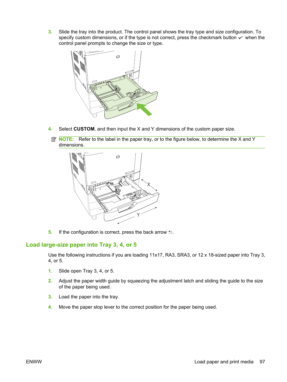 Load large-size paper into tray 3, 4, or 5 | HP Color LaserJet CP6015 Printer series User Manual | Page 111 / 308